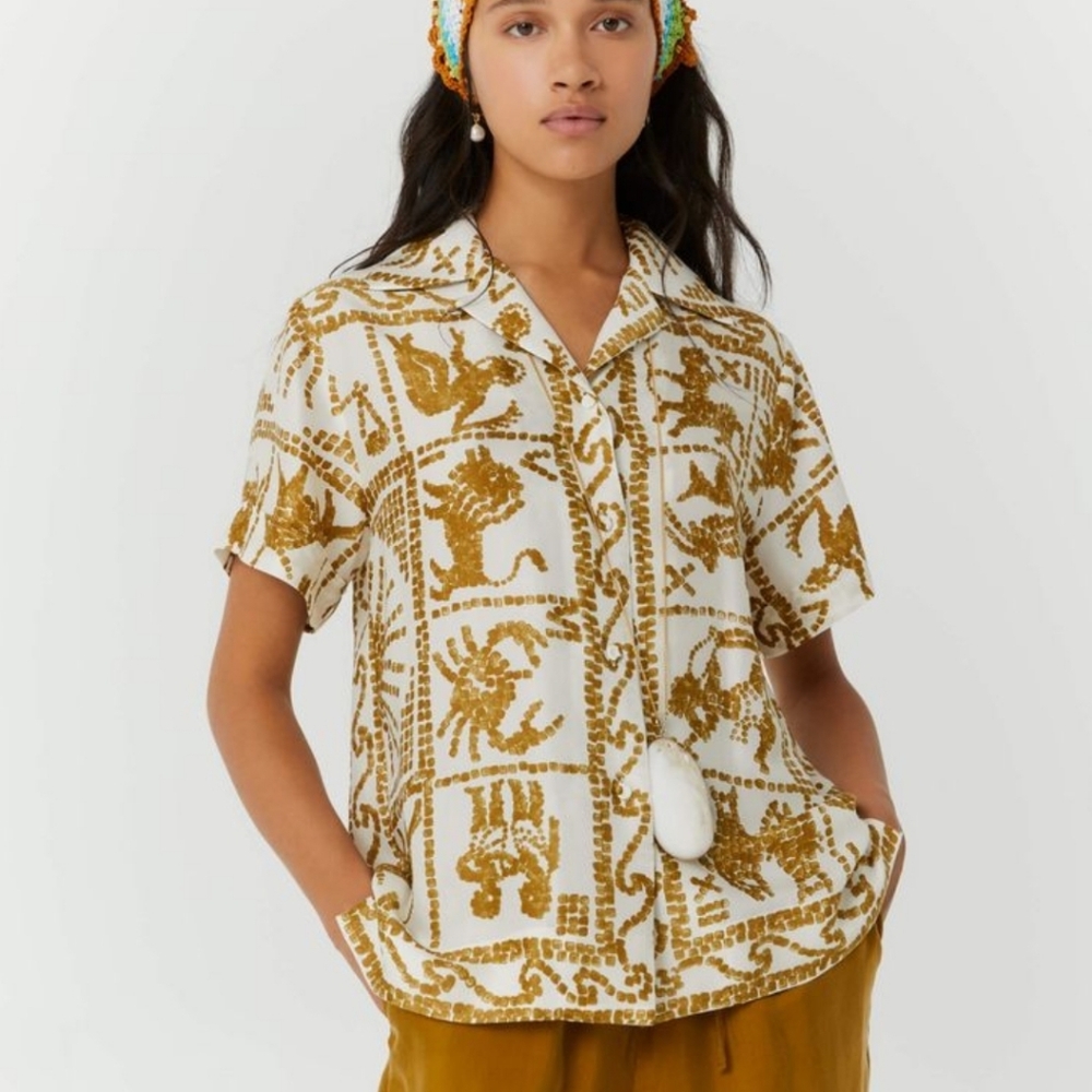 Beatrice b. Bowling Zodiac Printed Button Down Shirt Italian Made Size: XS
